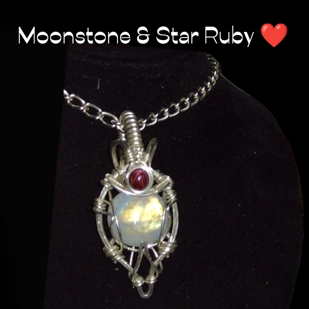 Moonstone and Star Ruby Necklace Pendant.  925 sterling silver. Handmade.
